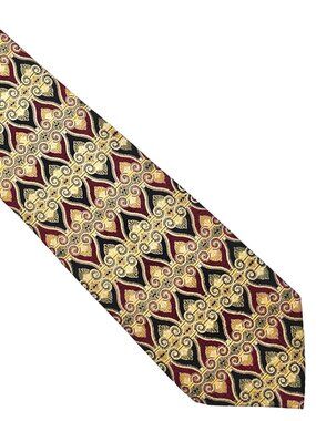 Fierte srl Black Maroon Gold Scrolls Geometric Silk Italy Tie Necktie 3.75 x 58
